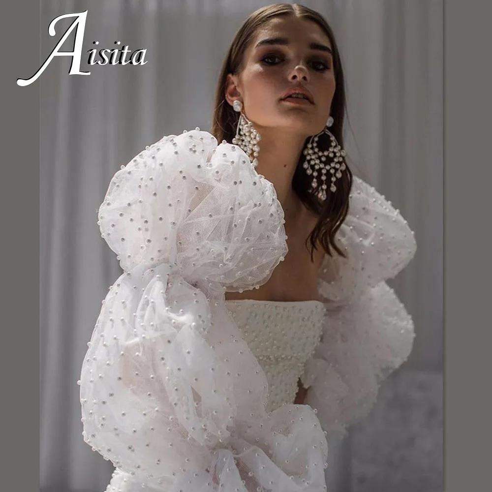 Vestidos de casamento romântico com decote quadrado, manga bufante reta, pérolas, vestidos de noiva personalizados, costas abertas, sereia, novia