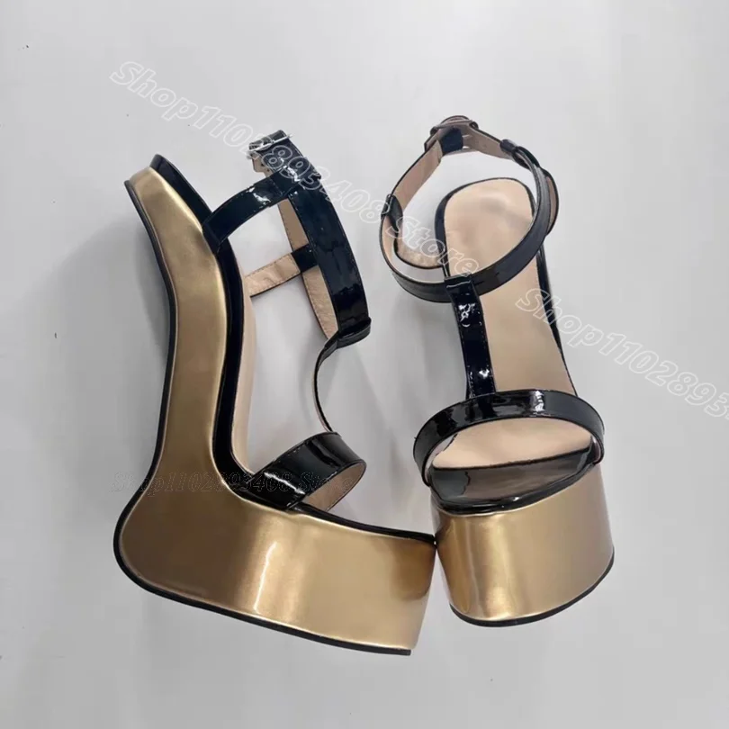 Piattaforma d\'oro sandali stile strano punta aperta in pelle verniciata stile britannico partito Casual donna scarpe estive Zapatos Para Mujere