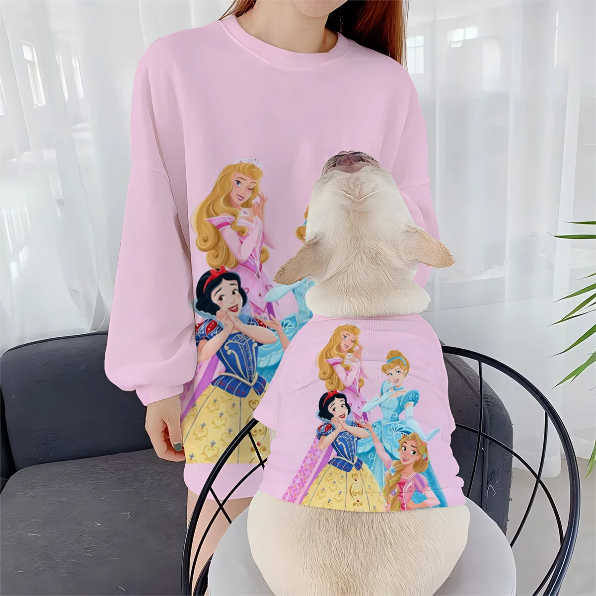 Women's spring and autumn round neck sweatshirt Chihuahua Bichon Frise Disney Snow White print pet and owner matching clothes