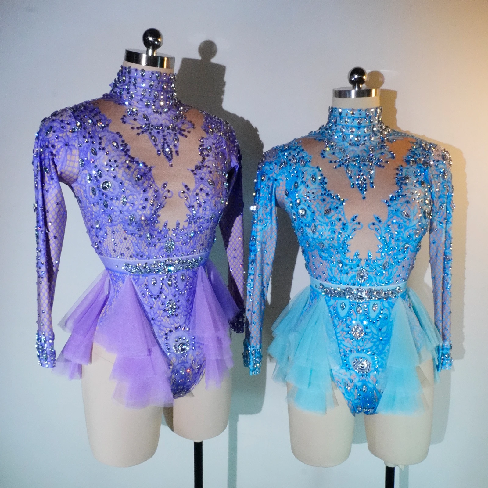 Fashion Rhinestone Red Ruffle Bodysuit Women Big Stretch Nightclub Prom Bar Concert costume Stage Singer Show Dance Leotard DS