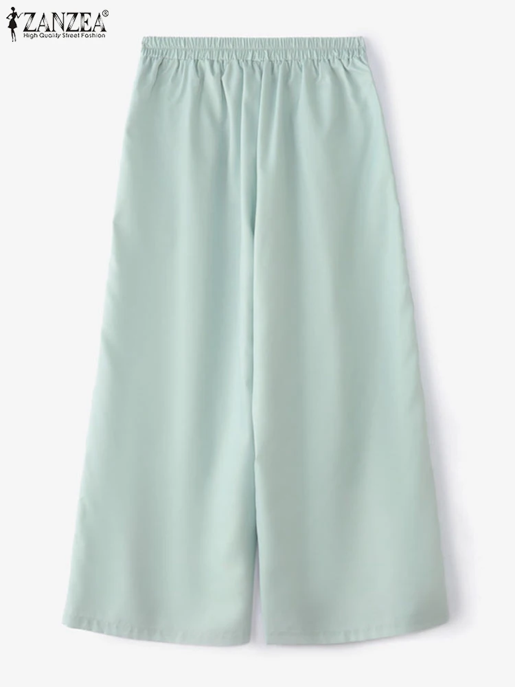 ZANZEA, pantalones de pierna ancha para mujer, pantalones Retro con cintura elástica, pantalones largos estampados informales a la moda para verano 2025, pantalones elegantes con bolsillos