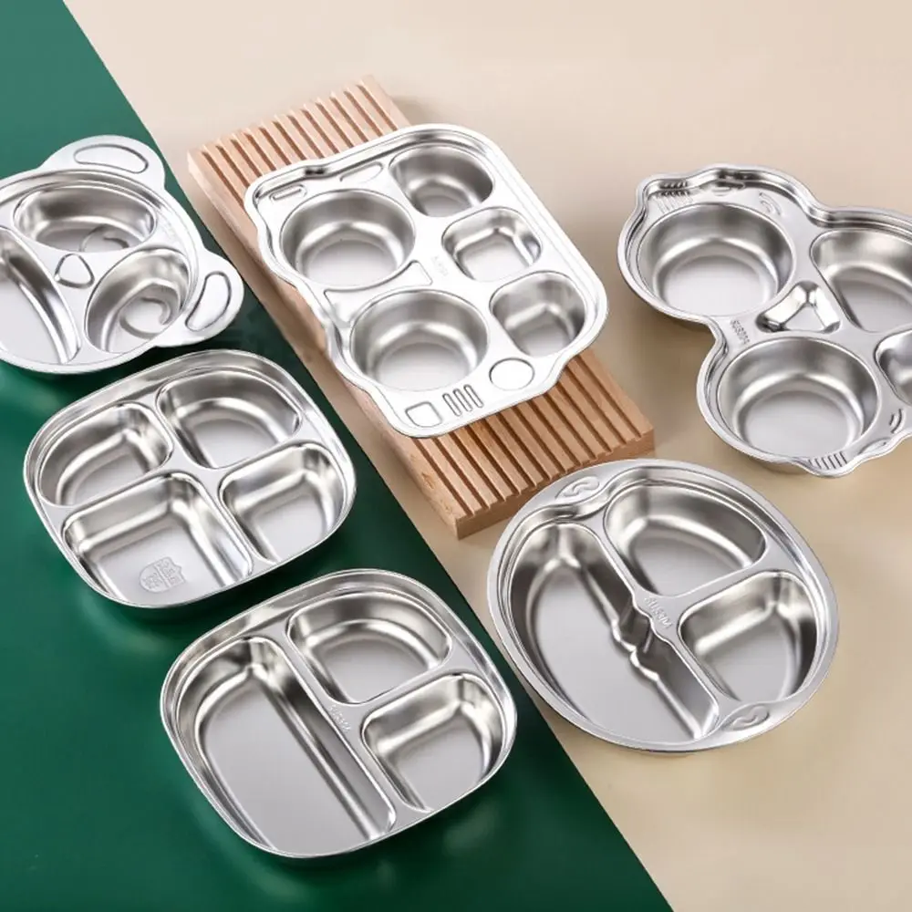 Silver Divided Dinning Plate 304 Stainless Steel Food Container Kid Feeding Service Plate Cartoon Animal Shape Food Tray