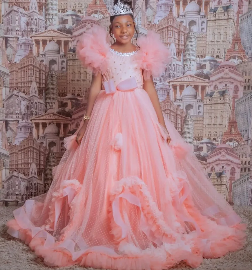 

Pink Flower Girl Sheer Dotted Tulle Ruffles Pearls Princess Queen Girls Birthday Party Gowns First Communion Dress