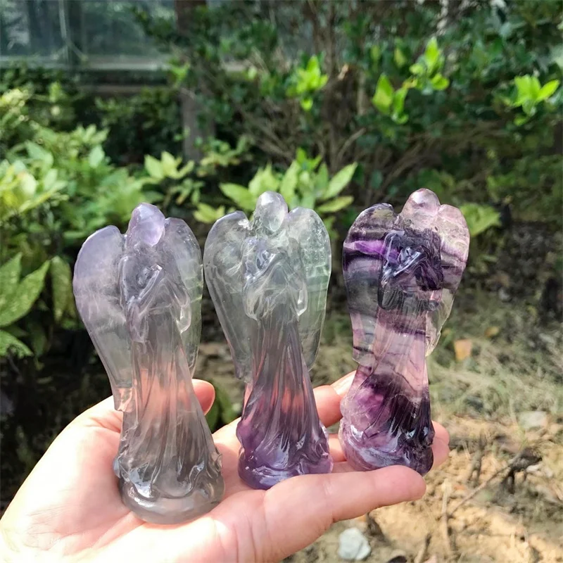 

Natural Fluorite Guardian Angel Figurine Hand Carved Healing Stone Gemstone Reiki Home Decor Crystal Craft Gifts 1pcs