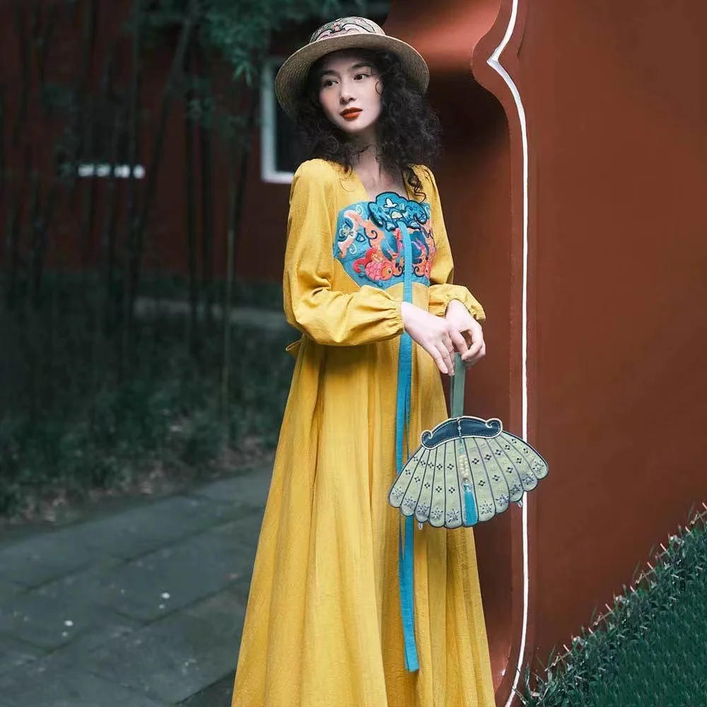 Women Vintage Embroidered Contrast Dress Linen Loose O-Neck Long Sleeve Dresses Spring New Chinese Style Clothes