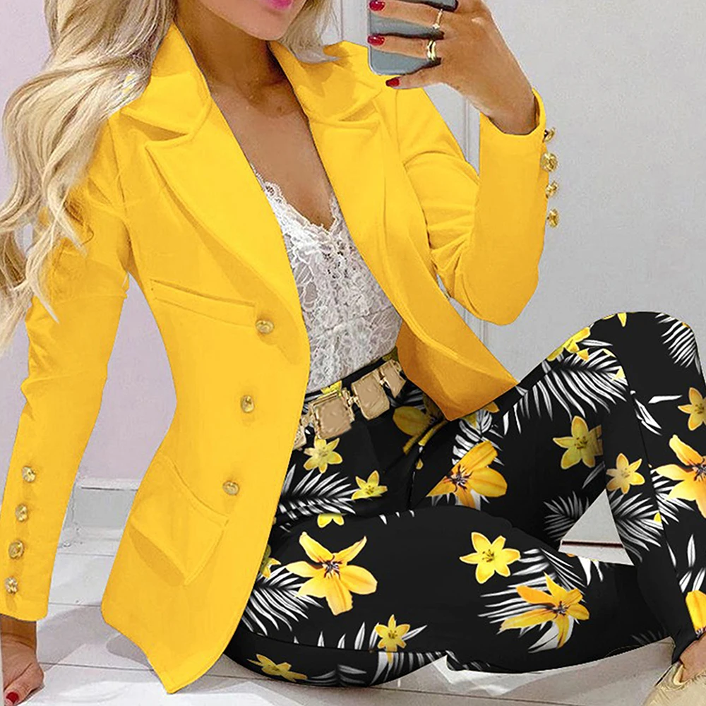 Fashion Women Jacket + Pants 2 Piece Set Spring New Button Long Sleeve Turn-down Collar Print Suit Casual Blazer Versatile Set