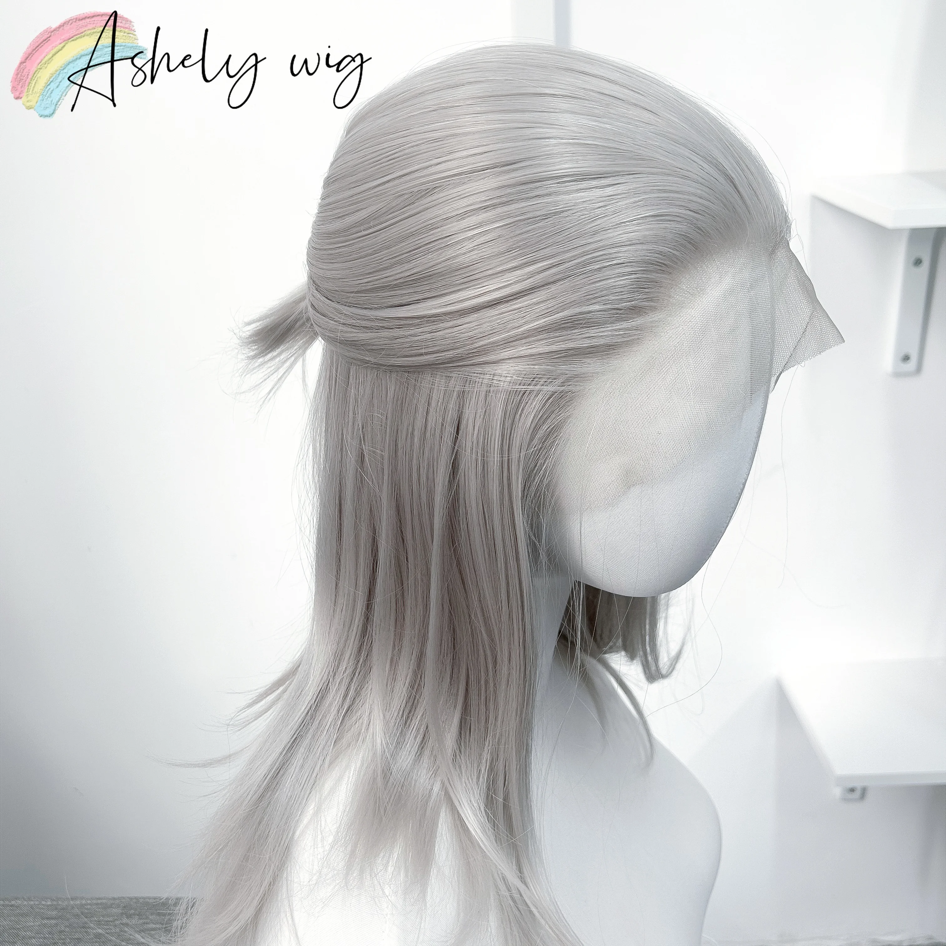 Mullet Sliver Wig for Men 14inch Straight 13x4 Lace Front Wig Natural Looking Free Part Synthetic Lace Wig for Cosplay Party