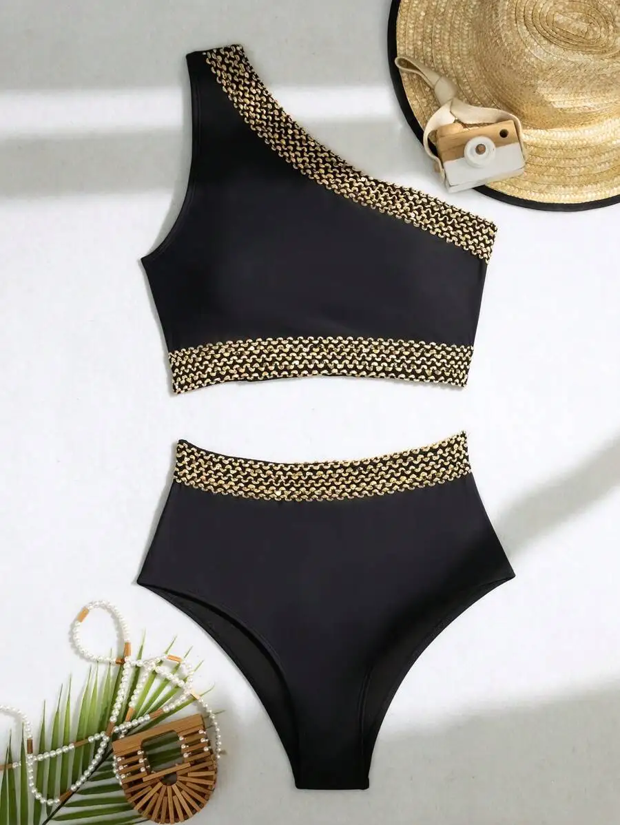 

Black Two-Piece High-Waisted Bikini Set Featuring One-Shoulder Top With Gold Woven Trim For Summer Beach Wear