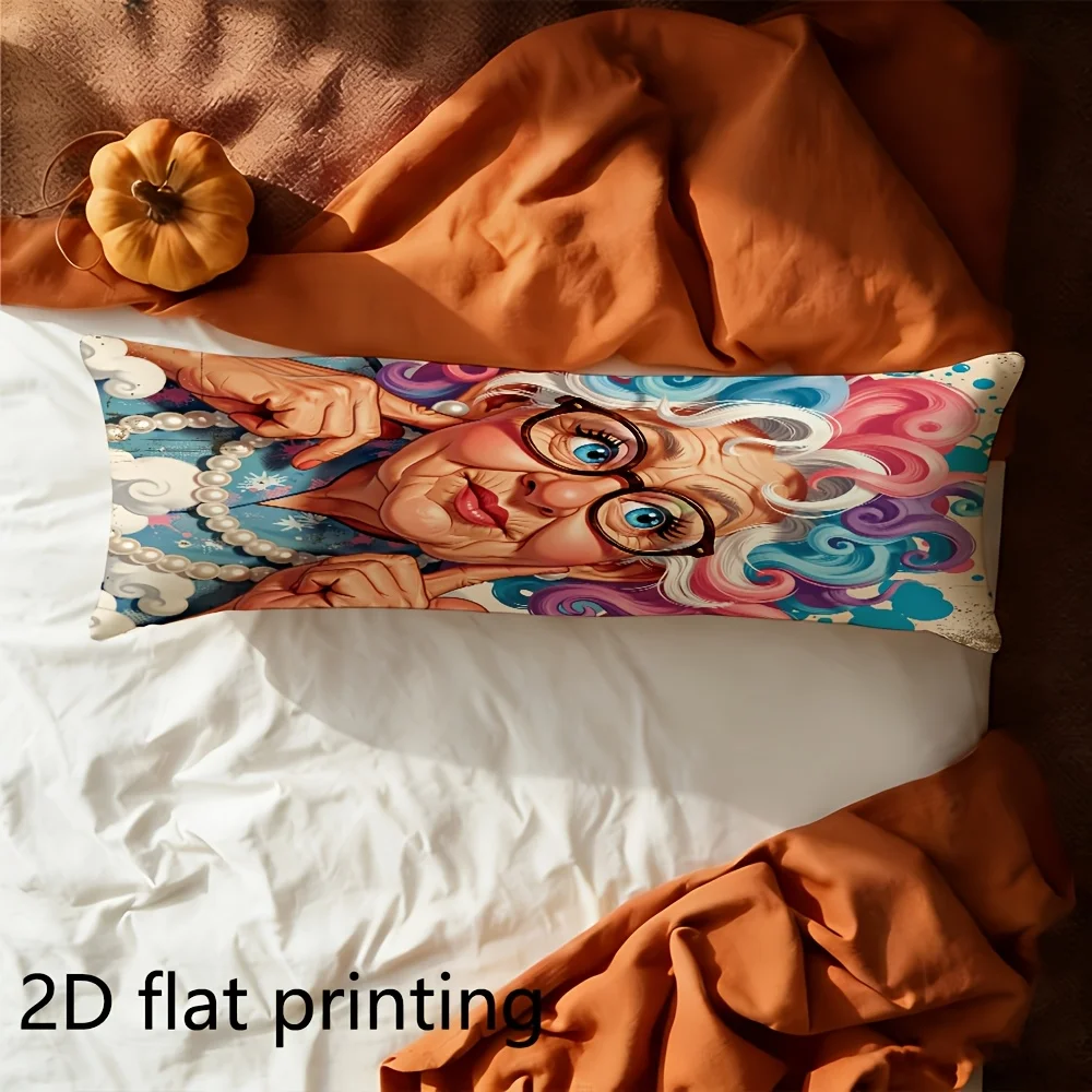 Long Pillowcase, 2D Printed Design, Colorful Curly-haired Pearl Grandma Cartoon, Full-body Support Pillow Cover, Durable Fabric,