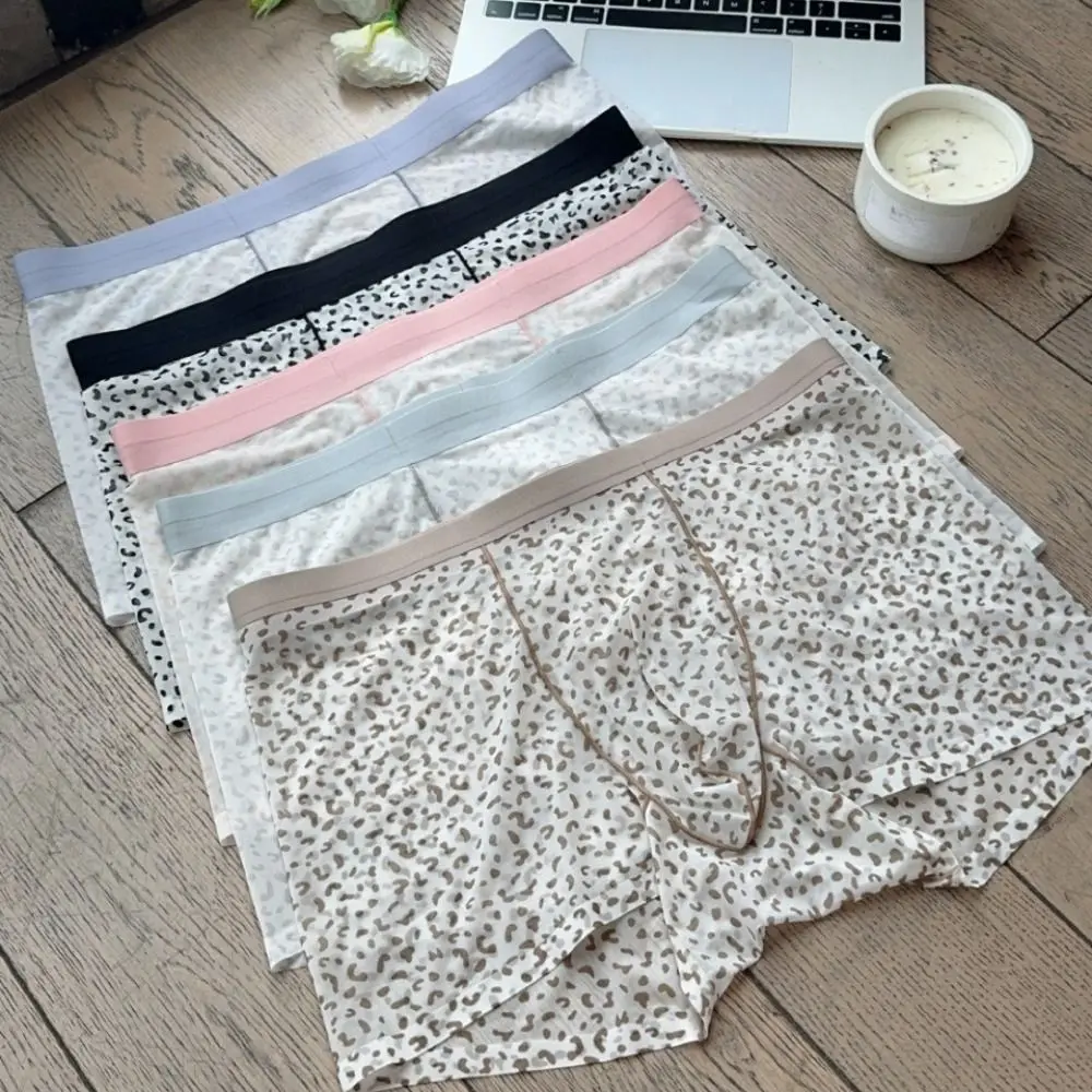 Calzoncillos Boxer elásticos de cintura alta para hombre, Boxers finos de leopardo transpirables de secado rápido, ropa interior transparente de sensación fresca para hombre de verano