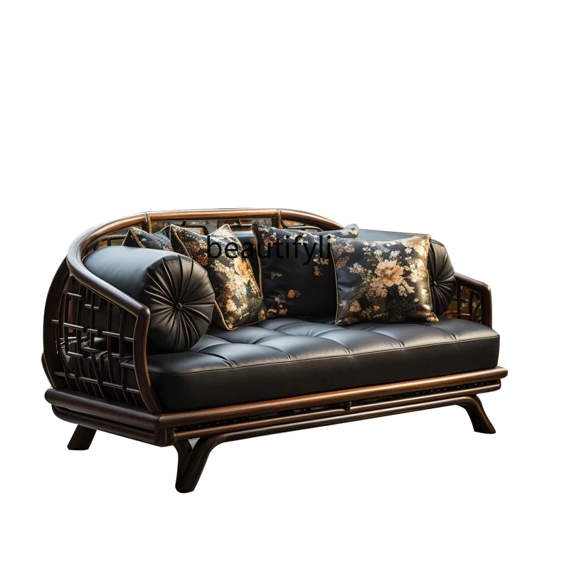 New Chinese leather art sofa living room walnut villa light luxury high-end design customization