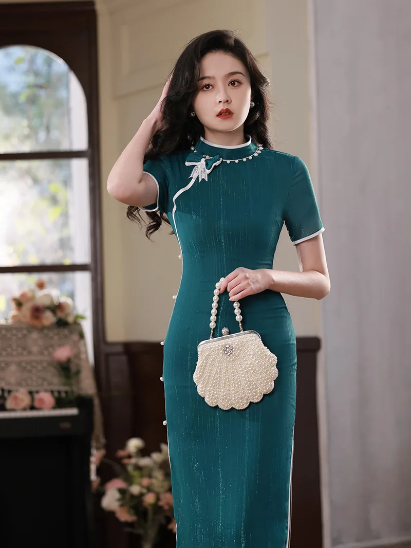 

Retro Cheongsam Women Long Elegant 2023 Catwalk Costumes Improved Chinese Traditional Evening Dress Retro Qipao Clothing