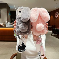 Soft Plush Case With Lanyard For iPhone 13 14 15 11 12 16 17 Pro Max Plus 3D Furry Rabbit Bunny Warm Fur Hair Long-eared Cover