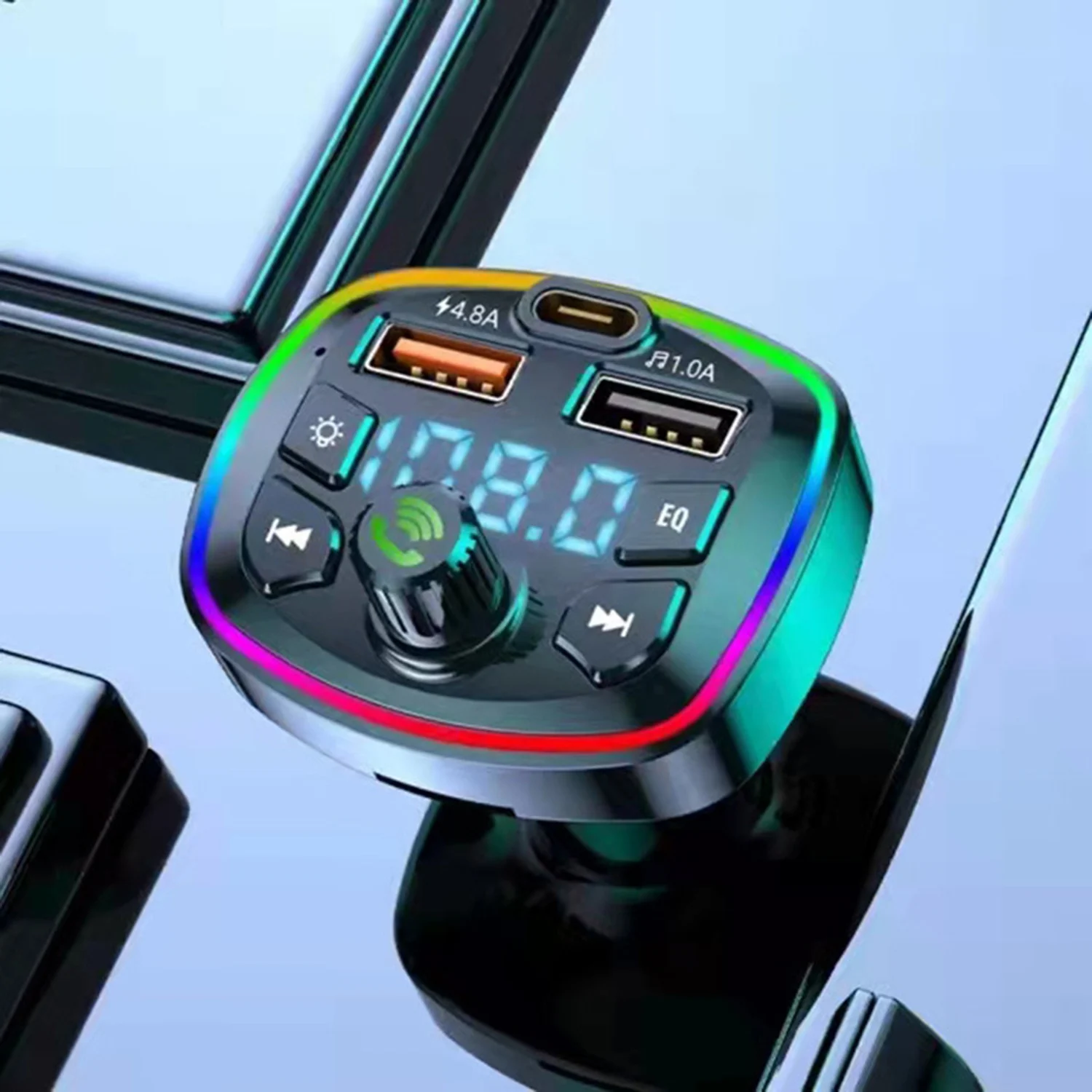 Car Bluetooth-compatible 5.0 FM Transmitter PD Type-C 4.8A Dual USB Fast Charger LED Backlit Atmosphere Light MP3 Player TF Card