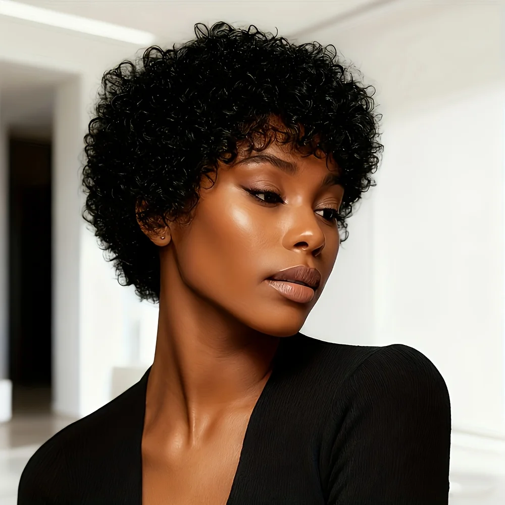 

pixie wig black color for women short human hair wig kinky curly daily party use wig pixie cut wig machine made