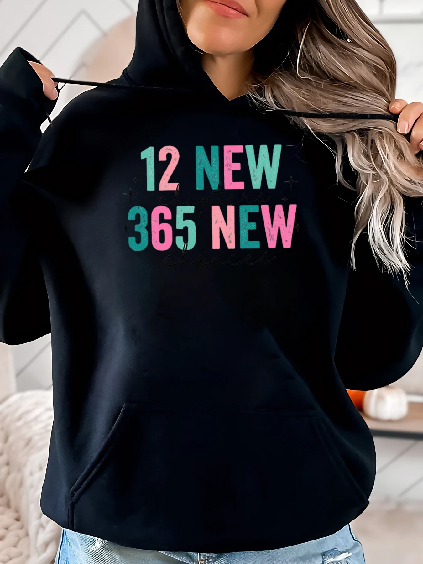 12 New 365 New Chances Print Hoodie Neujahr Damen Freizeitkleidung Schwarz Plus-Size