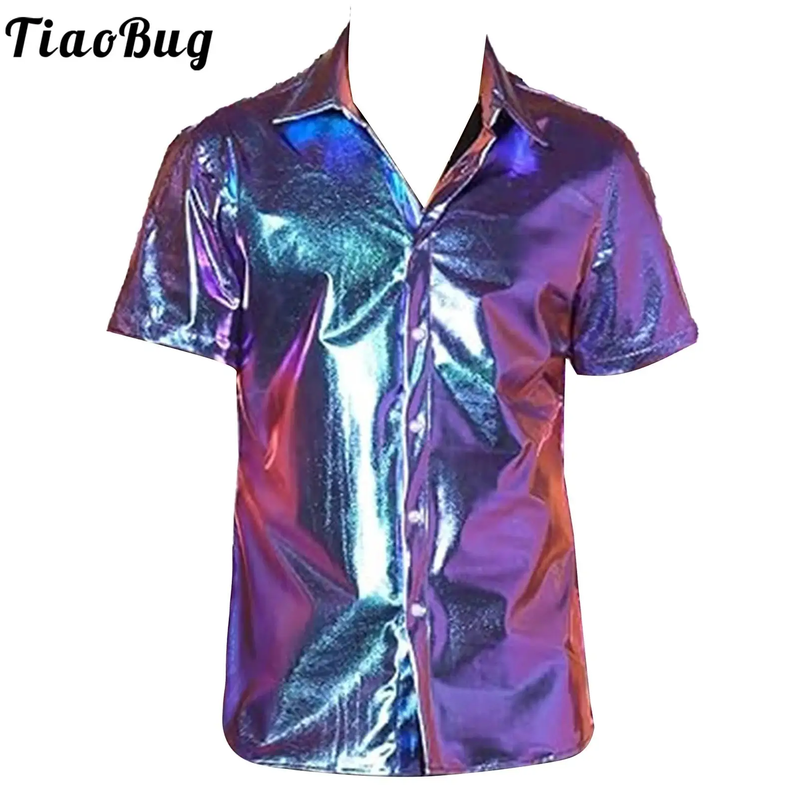 Men\'s Vintage 70s 80s Disco Shirts Tops Metallic Shiny Short Sleeve Button Down Tee Shirts Nightclub Club Rave Dance Costumes