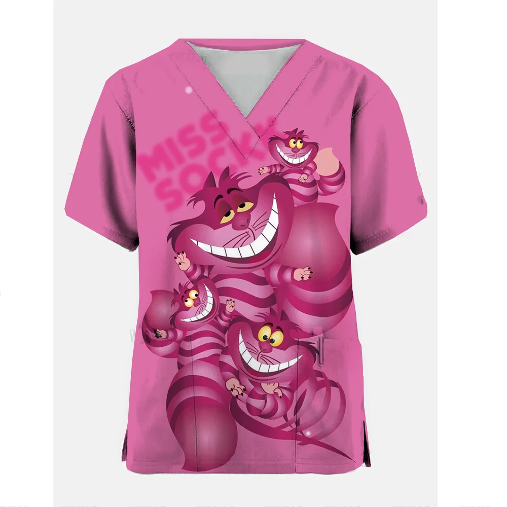 Summer Women's Clothing Disney Cheshire Cat Short Sleeved V-Neck Fashion Frosted Tops Uniform Short Sleeve Doctor Nurse New ﻿