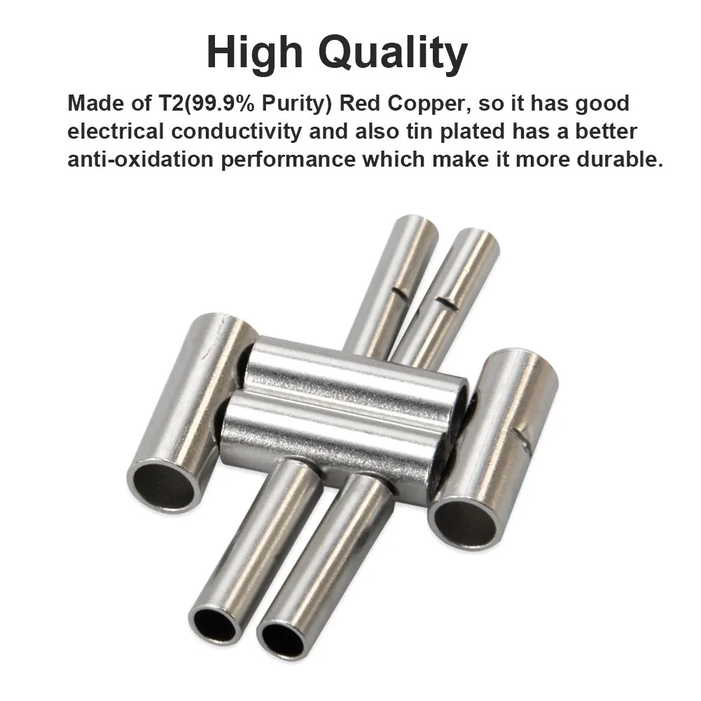 200PCS Non-Insulated Wire Connector Ferrules Electrical Cable Terminal Copper Bare Tinned Crimp Terminal 0.5mm2-16mm2 22-10 AWG