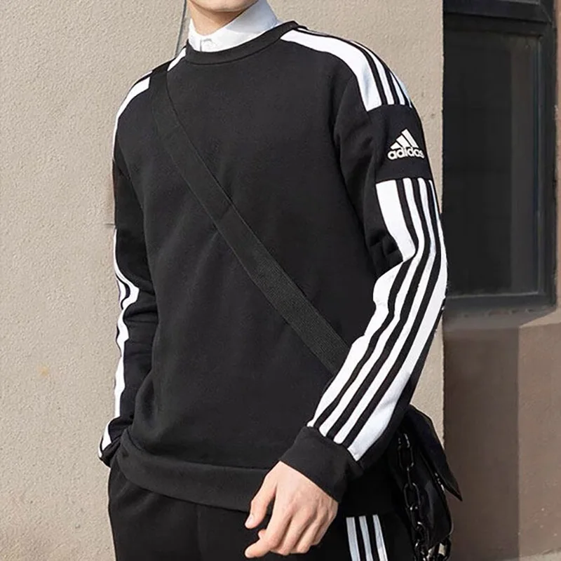 

Adidas JM3546 Mens Fleece Lined Crew Neck Sweatshirt Black 3 Stripes Casual Pullover Top