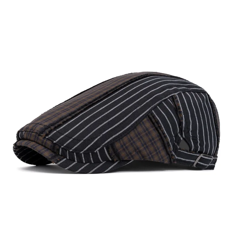 1pc Stripe Plaid Cap Retro British Ivy Newsboy Cap Adjustable Metal Buckle Beret Hat for Men Gentleman Daily Outdoor Streetwear