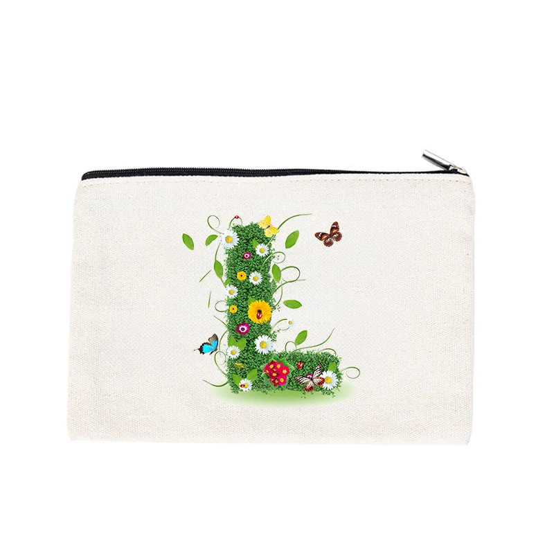 Bolsa de maquiagem feminina com flores e borboletas, série padrão com letras, bolsa de armazenamento multifuncional, bolsa de grande capacidade, bolsa feminina