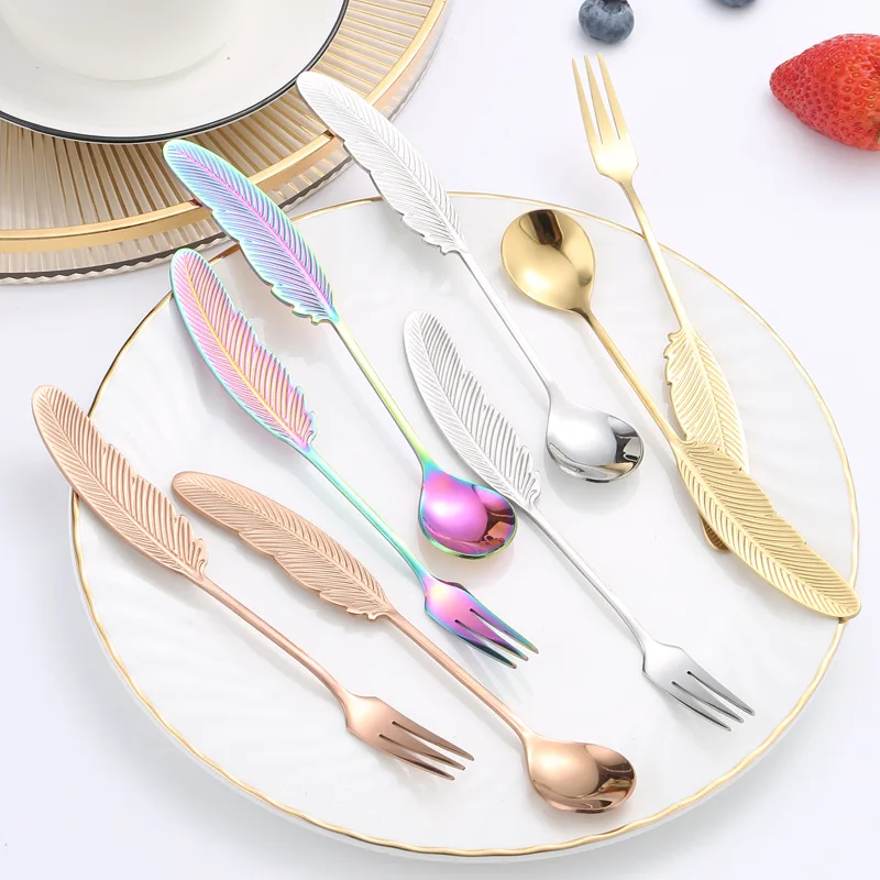 Feather Shape Gold Dessert Spoon Fruit Fork Stylish Stainless Steel 304 Dessert Fork and Coffee Spoon for Home Hotel Party