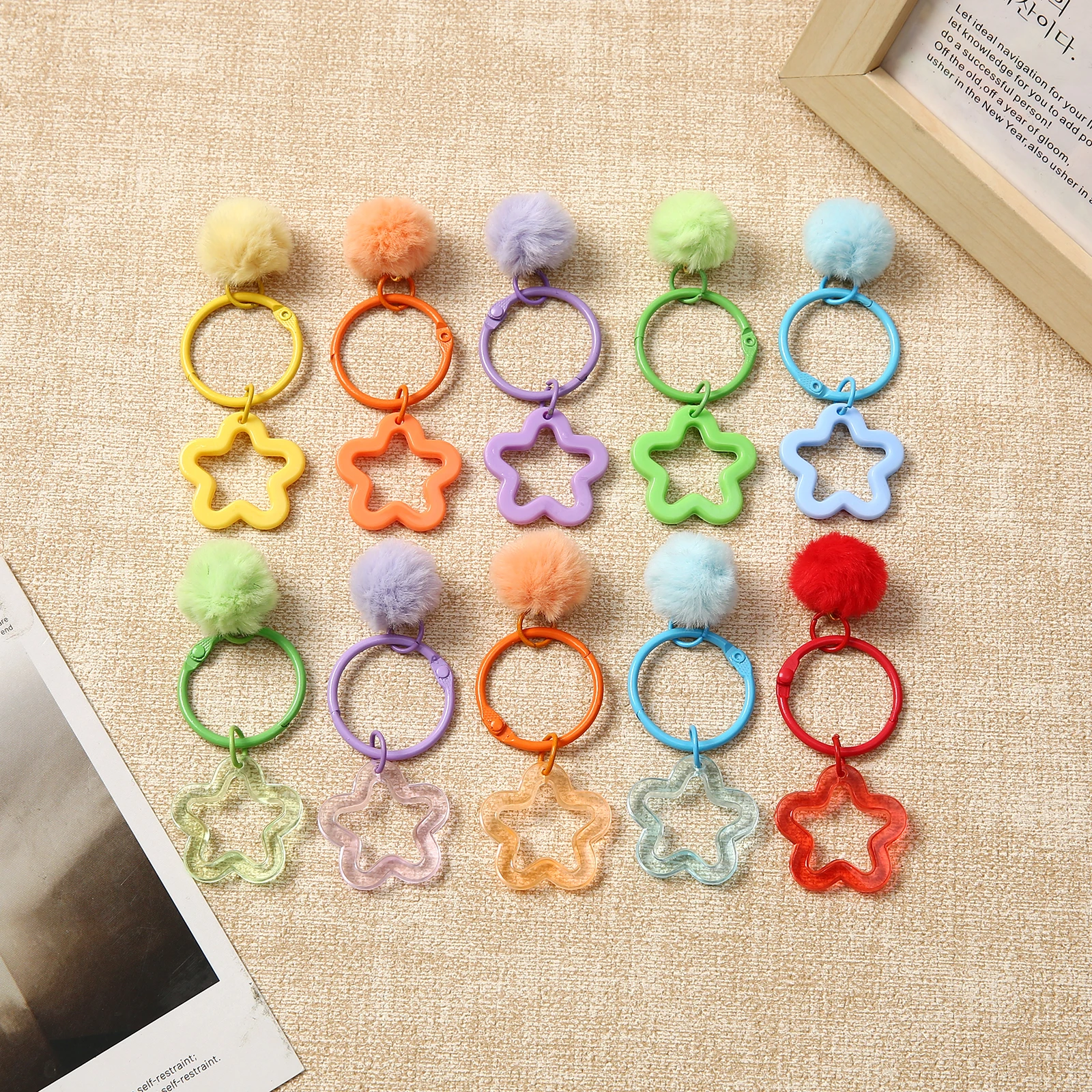 Kawaii Multicolor Keychain with Pom Pom Ball Hollow Star Pendant Spring Snap O Ring Pastel Ornament for Backpack Purse Charms