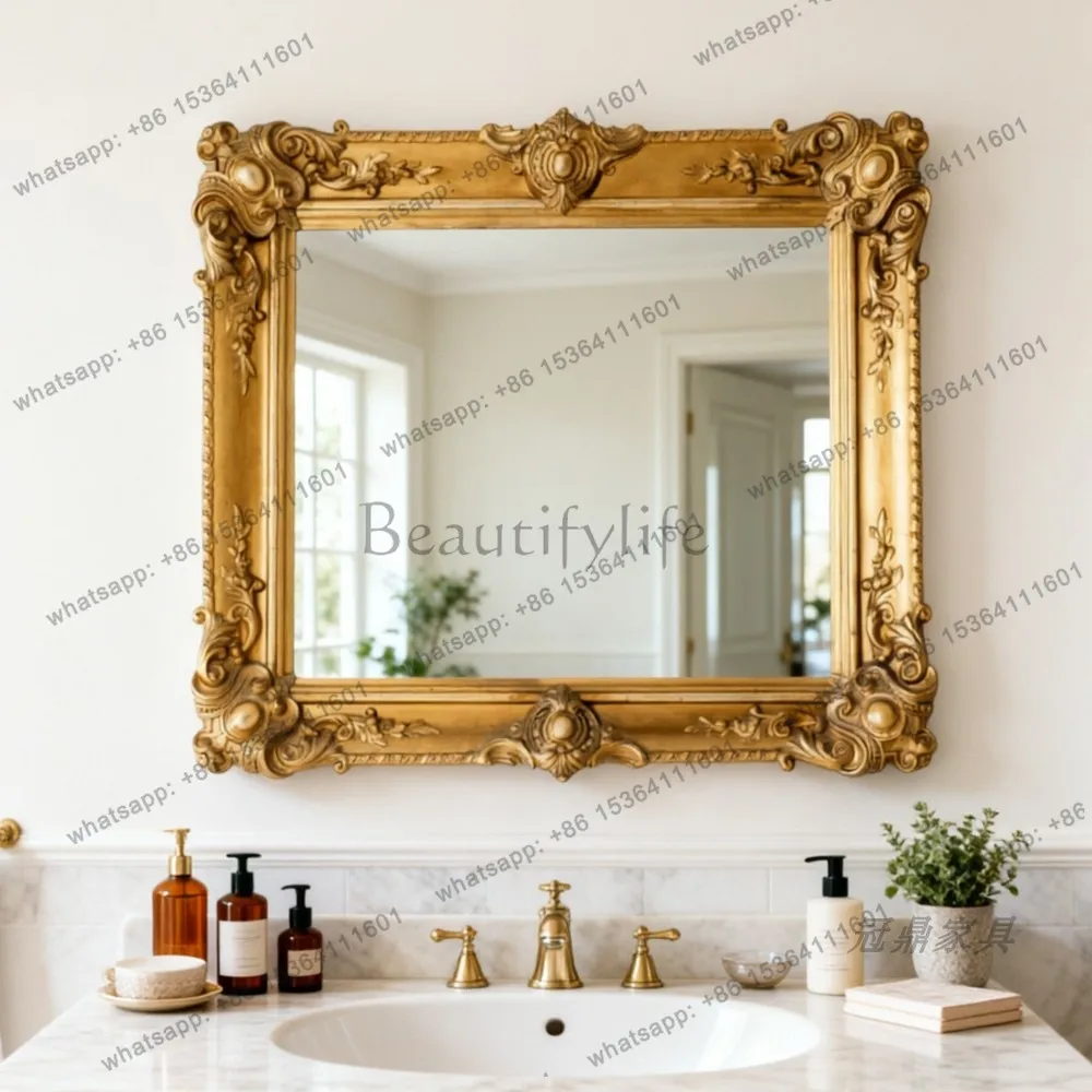 YJ French Retro Carved Wall Mirror Mid‑Century Vintage Vanity Unit For Dressing Table Washstand Entryway Home Decor