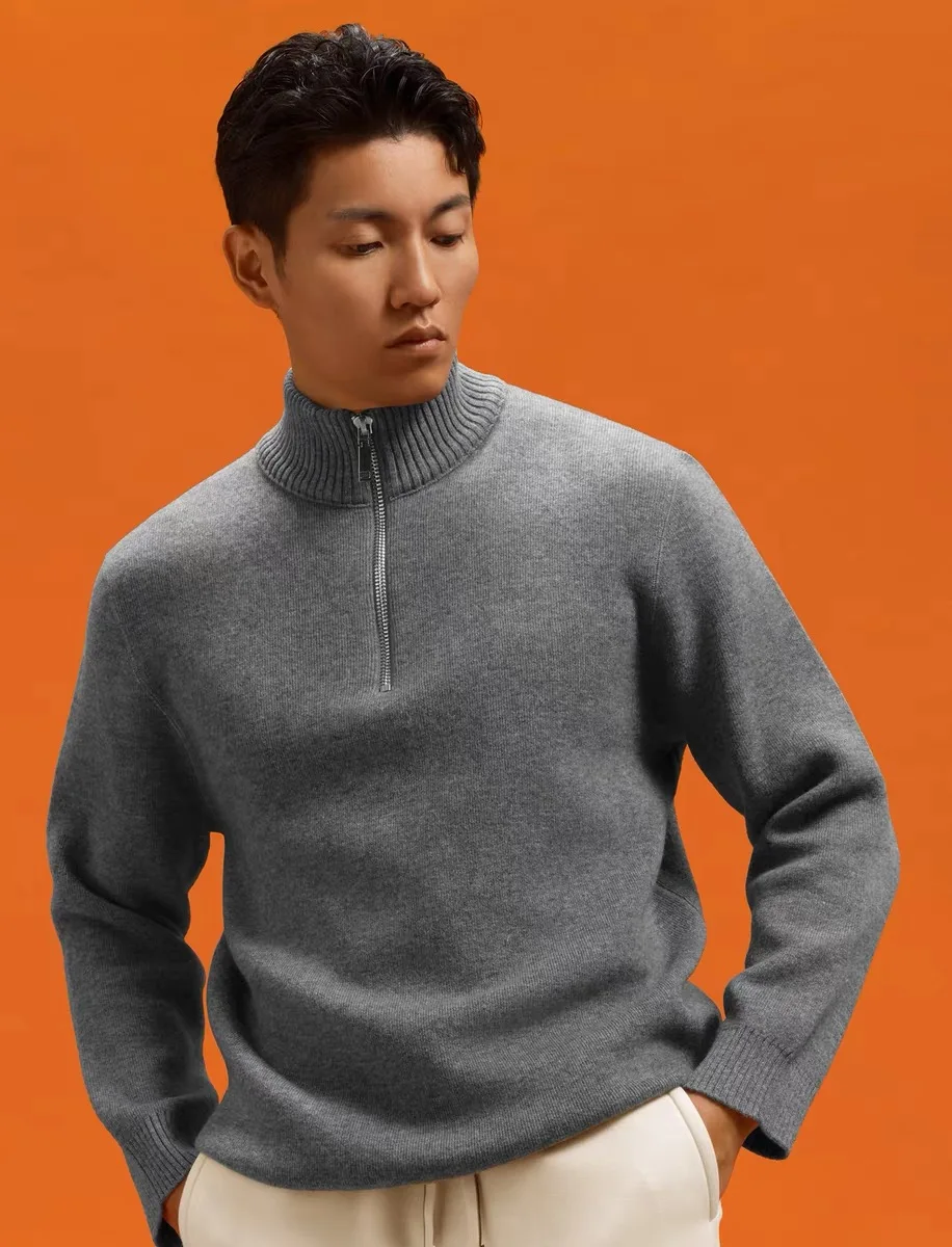 Semi-zippered warm sweater for the elderly pure cashmere men's padded leisure loose collar sweater in autumn and winter.