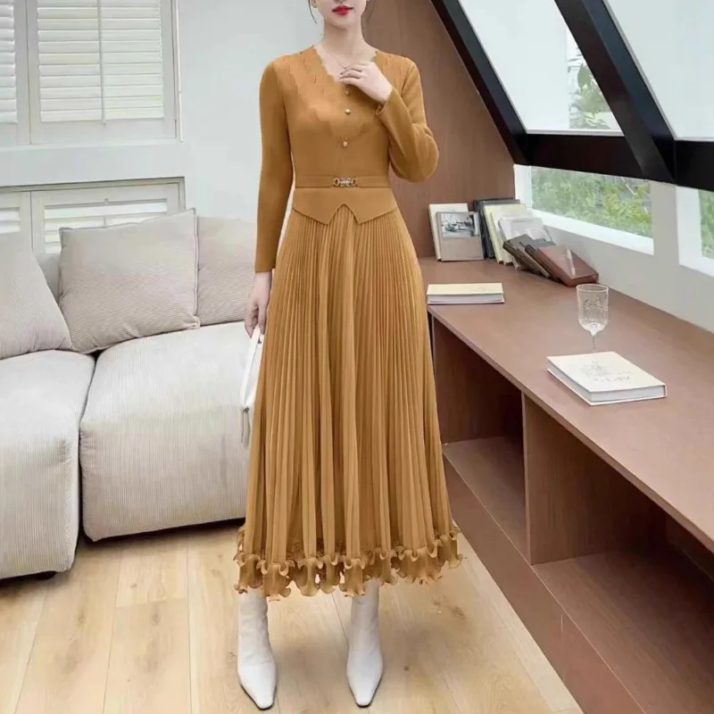 

Miyake плиссированное женское платье больших размеров, темпераментное элегантное тонкое женское длинное платье, простые женские платья для торжественных случаев