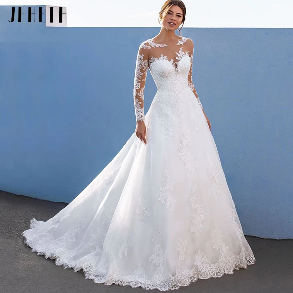 

JEHETH Elegant A-Line Wedding Dresses For Women Long Lace Sleeves With Appliques Bridal Gown Illusion Tulle vestidos de novia