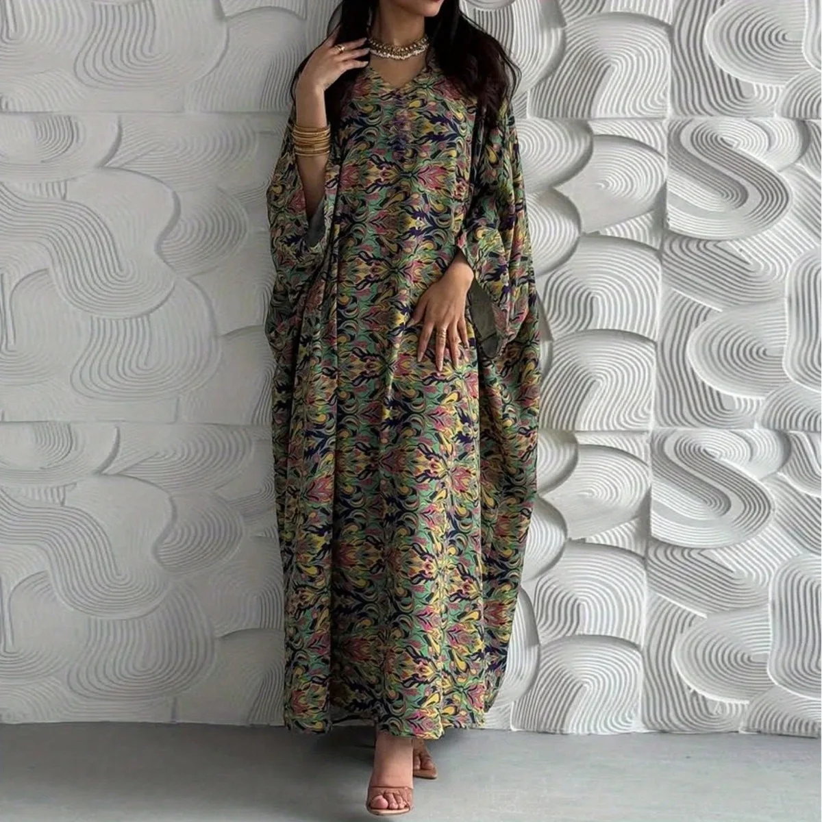 

Middle Eastern Loose Pullover Abaya Muslim Full Sleeve Printed Floral Abayas Turkey Kaftans Women Jilbabs Islamic Maxi Dresses