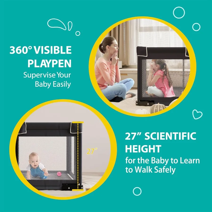 روضة أطفال قابلة للطي للأطفال الصغار مقاس 50 × 50 بوصة قلم لعب محمول قابل للطي مع مقودين داخليًا وخارجيًا