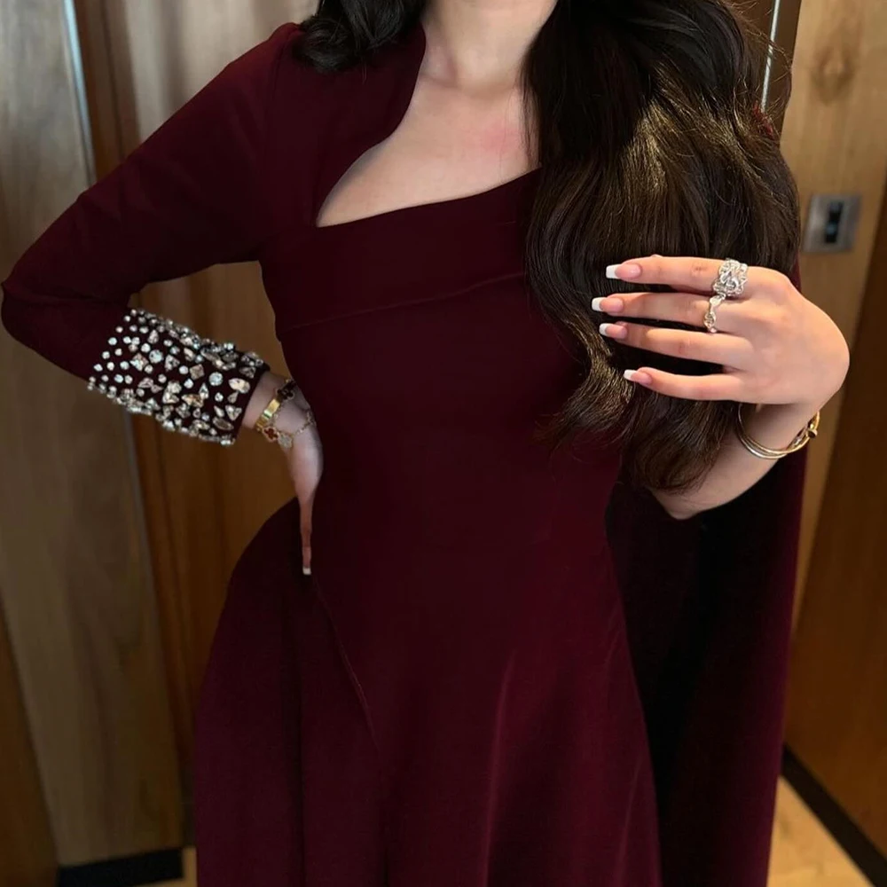 Exquisite and Delicate Crystal A-Line V-Neck One Shoulder Burgundy Jersey Sweep Train Long Sleeves Evening Dresses Floor Length