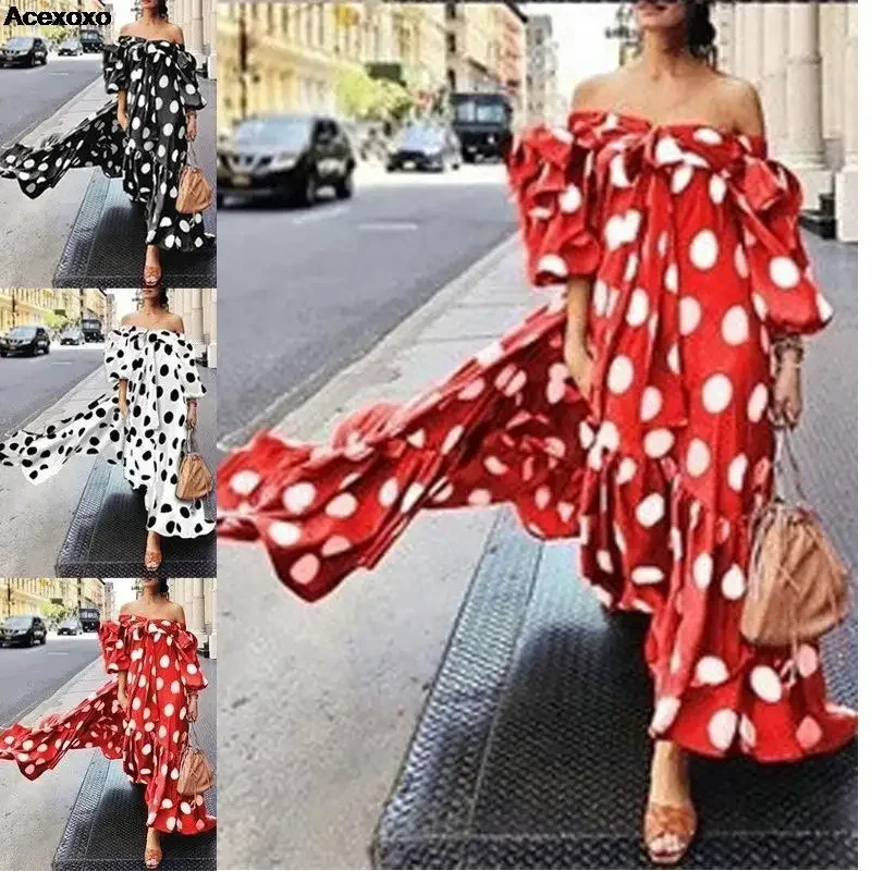 

2023 summer new women's fashion casual strapless one line shoulder with chest polka dot Bohemian dress