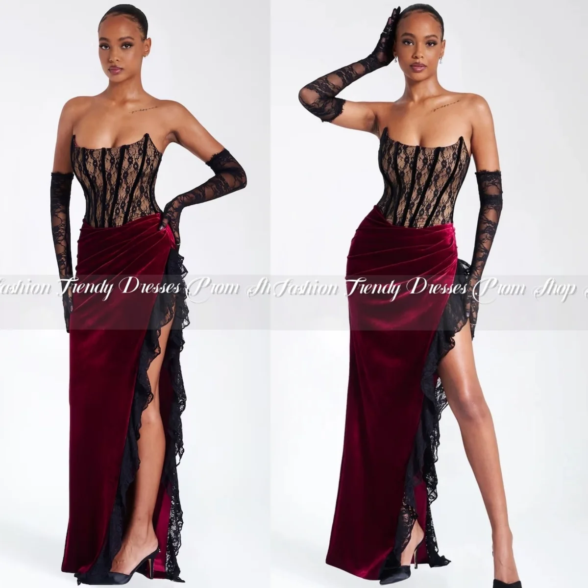 Elegant Velvet Burgundy Prom Dress 2025 Fashion Sexy Split Lace Long Black Girls Birthday Party Custom فساتين للمناسبات الخاصة