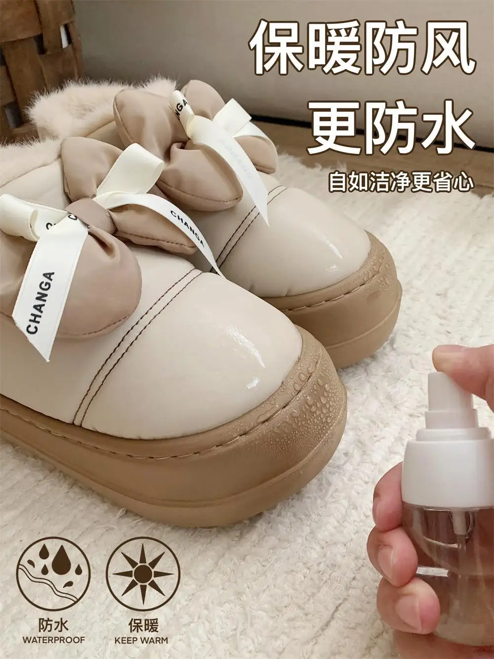 Sepatu bot salju simpul kupu-kupu wanita, sepatu bot salju tahan air sol tebal, hangat rumah tangga dalam ruangan luar ruangan untuk wanita