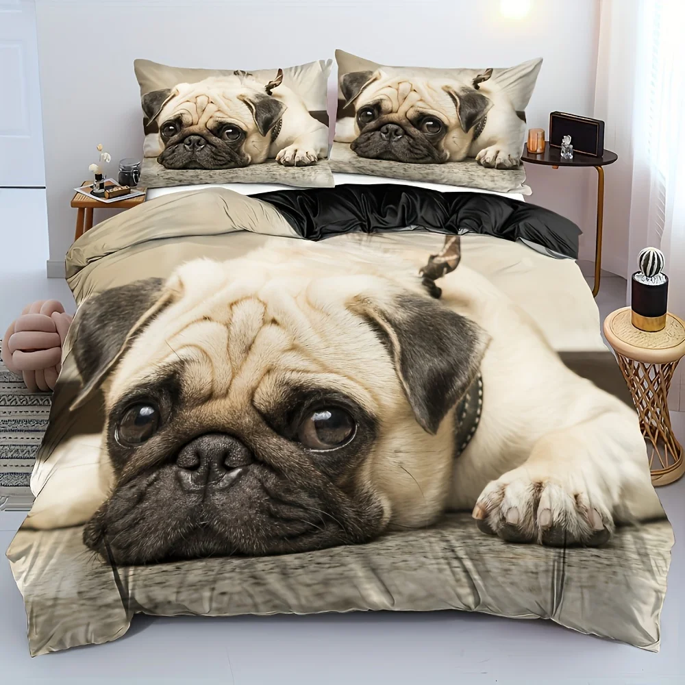 

2/3pcs 3D Cute Dog Print Duvet Cover Set (1 Duvet Cover + 1/2 Pillowcase ), Pug Dog Bedding Set For Bedroom Dorm Room