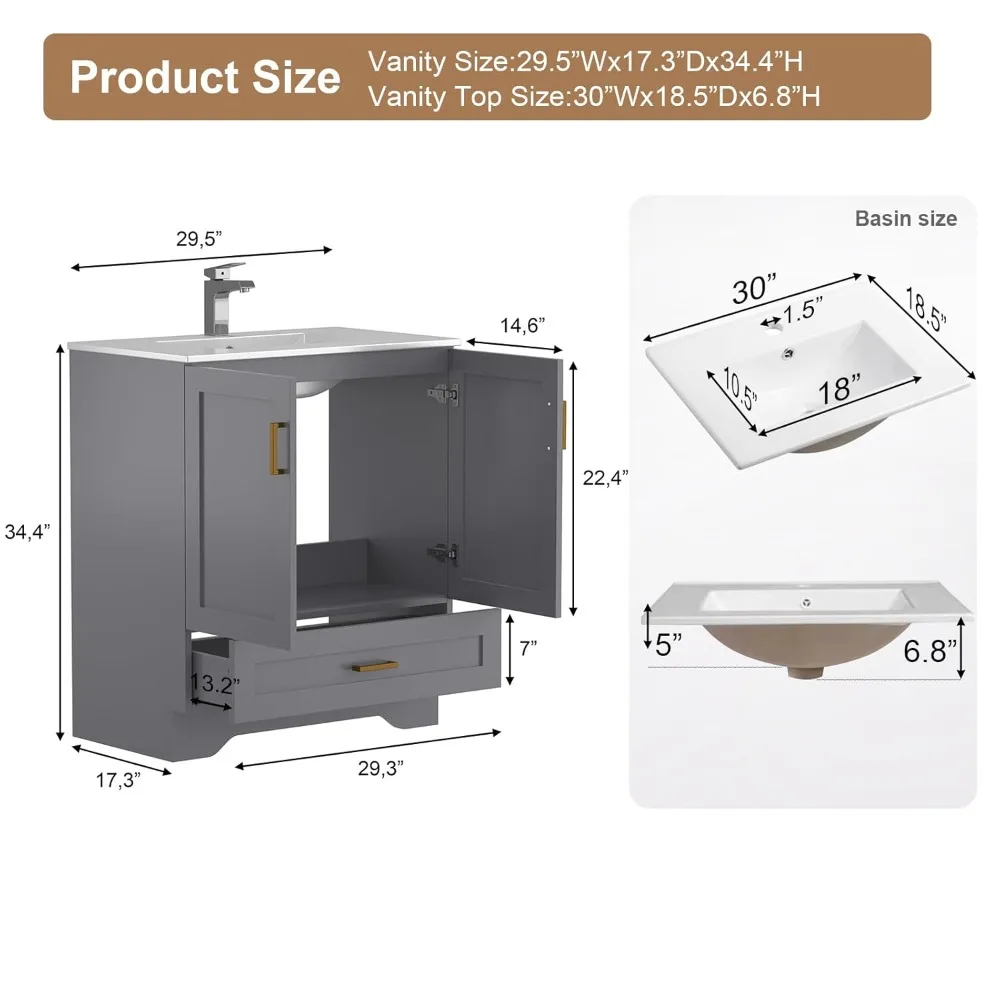 30 inch Bathroom Vanity with Sink, Modern Grey Vanity for Bathroom with Undermount Ceramic Sink, Freestanding, Customized