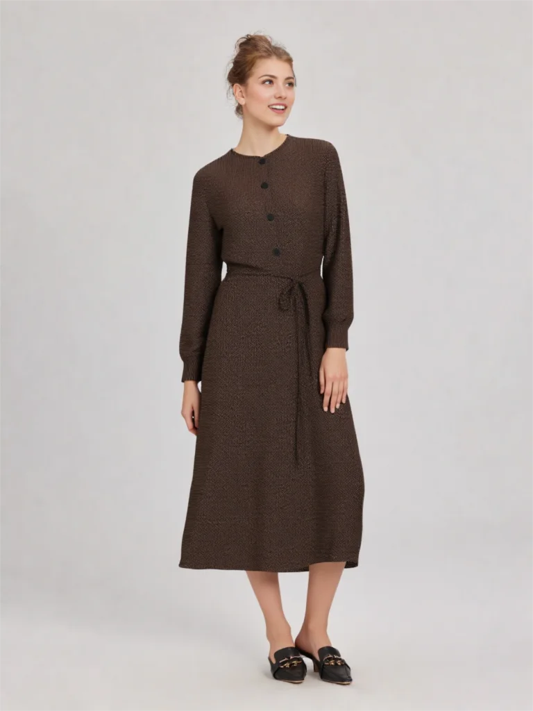 브랜드 스타일 단색 A라인 드레스 긴 소매 라운드 넥 여성 패션 봄 신상 미디 드레스 엄마 옷 루즈핏