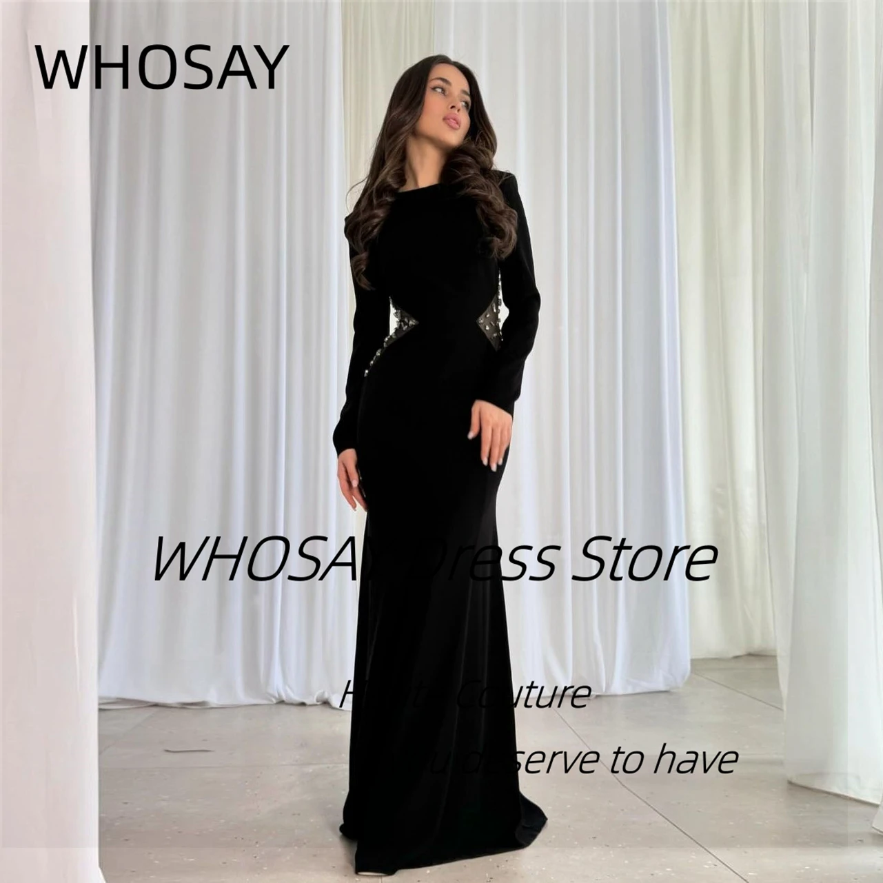 WHOSAY Black Evening Dresses 2024 Crew Neck Long Sleeves Prom Dress Beaded Sash Vestidos Party Special Banquet Women Wear