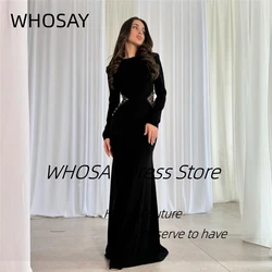 WHOSAY Black Evening Dresses 2024 Crew Neck Long Sleeves Prom Dress Beaded Sash Vestidos Party Special Banquet Women Wear