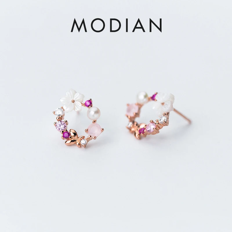 

Modian Original Brand Round Pink Flower Zircon Stud Earrings Fashion Charm Genuine 925 Sterling Silver Fine Jewelry Korean Gift