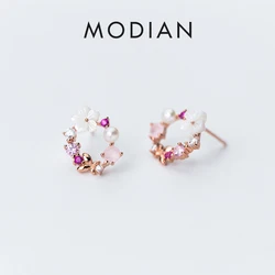 Modian Original Brand Round Pink Flower Zircon Stud Earrings Fashion Charm Genuine 925 Sterling Silver Fine Jewelry Korean Gift