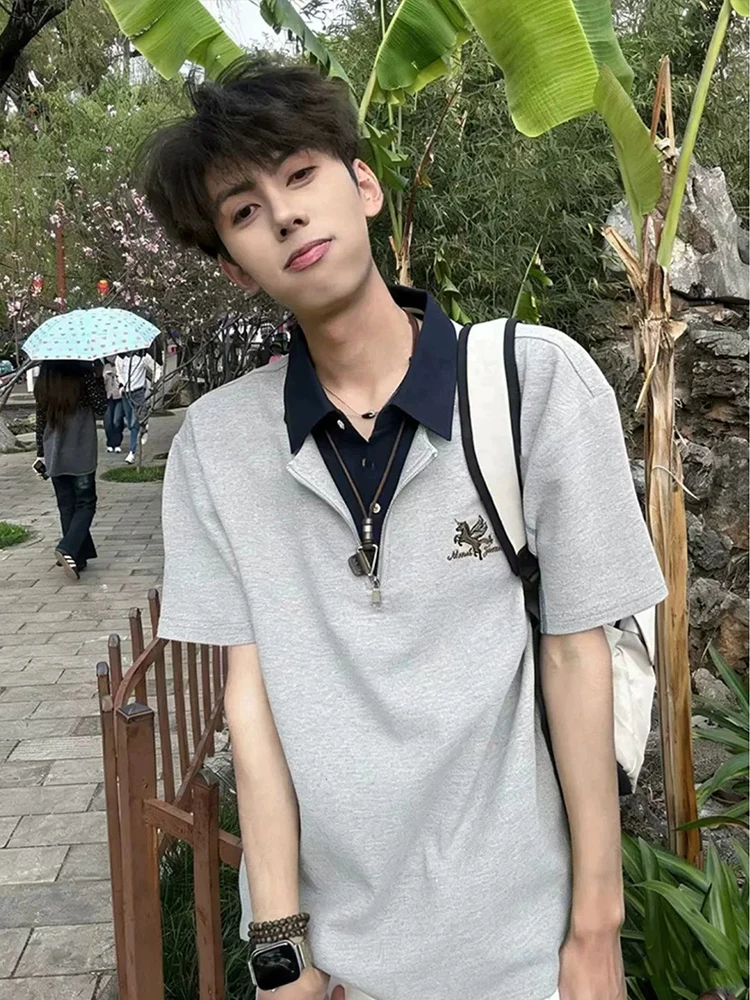 

American College Style Men's Short Sleeve Shirt Collar T-Shirt Heavyweight Summer Trendy Brand Premium Feel Casual Wear