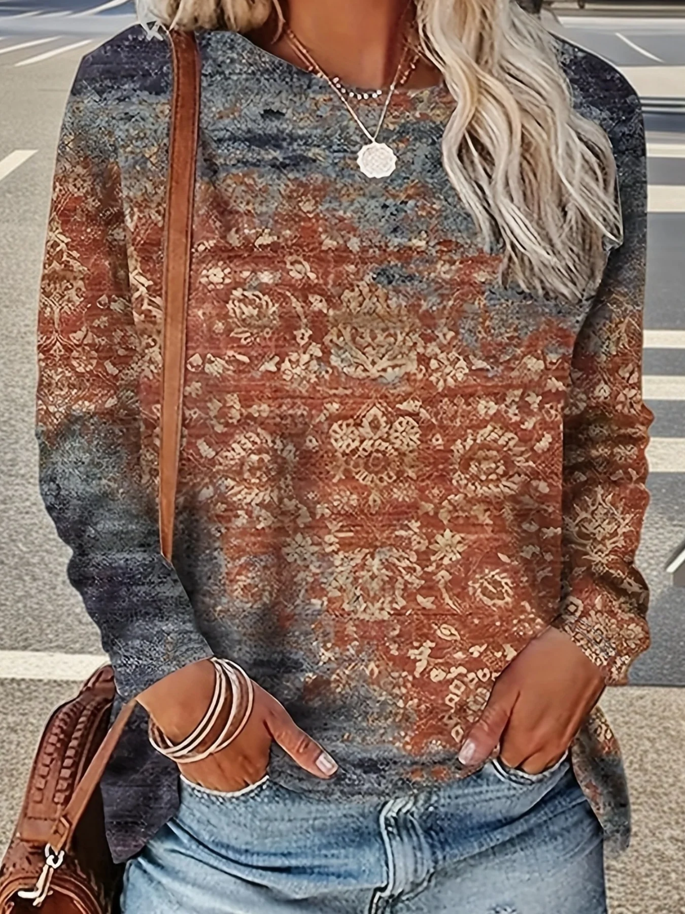 Printed Floral Shirt - 여성용 크루넥 긴소매 티셔츠 빈티지 레트로