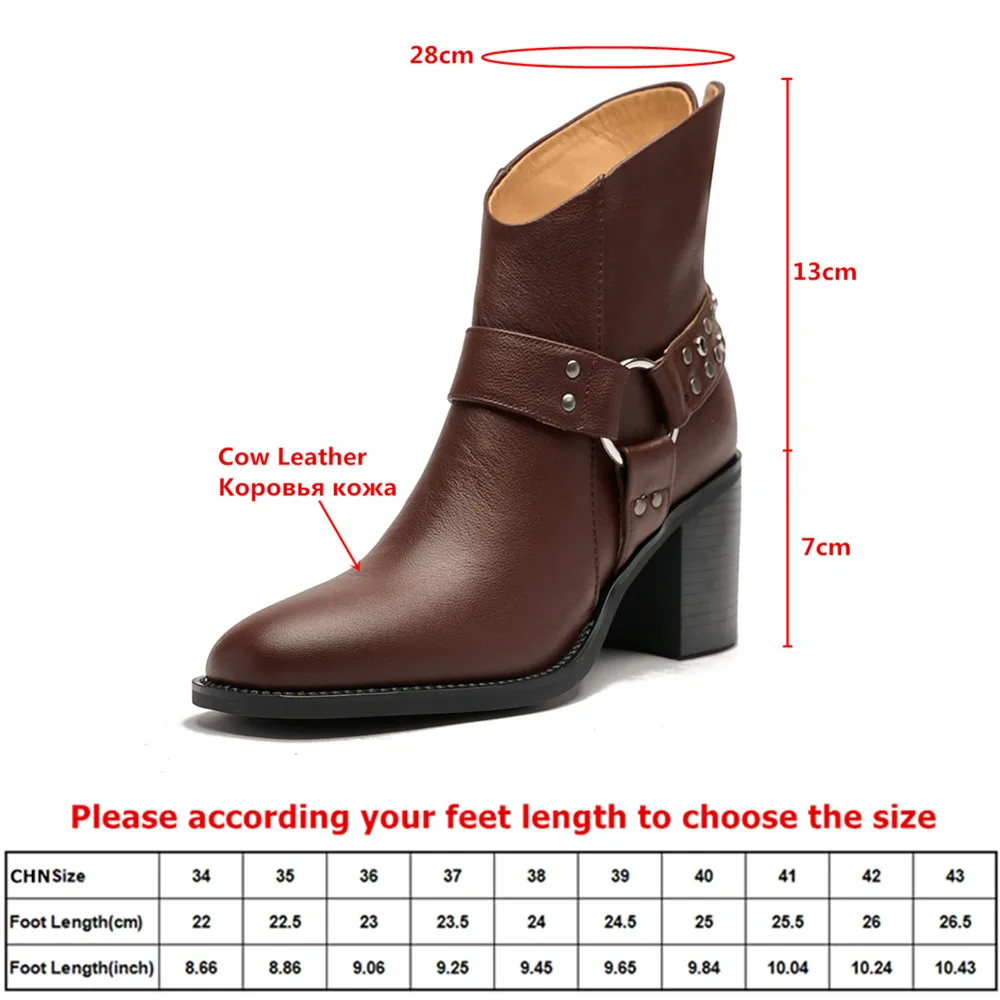 MILI-MIYA Women's Full Leather Round Toe Ankle Boots With Square Heel And Studded Details Solid Color Casual Street Shoes For La