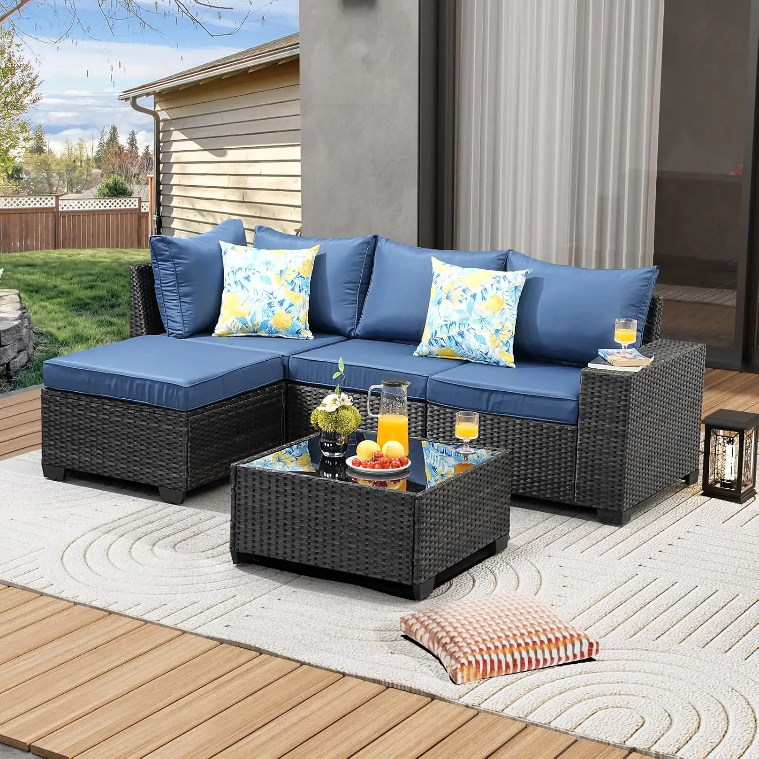 5 Pieces Patio Furniture Set All-Weather Outdoor Wicker Sectional Conversation Sofa Rattan Patio Seating Sofa With, Customized