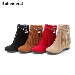 Lady Warm Big Size34-43 Winter Velvet Ankle Round Toe Height Increasing Boots Red Fashion Tassel Booty Women Shoes Summer Style